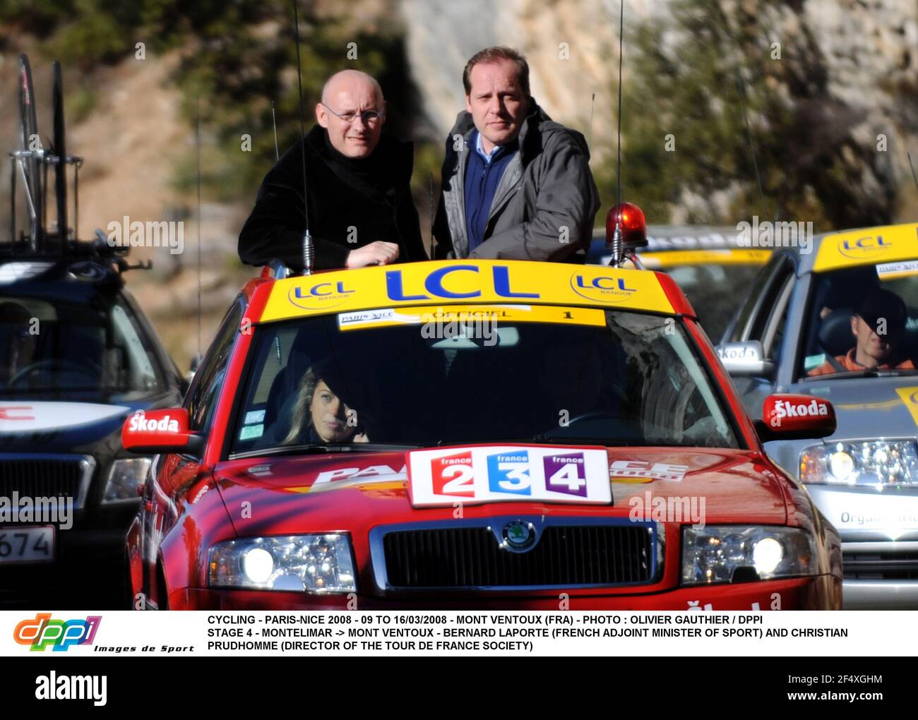 CYCLING - PARIS-NICE 2008 - 09 TO 16/03/2008 - MONT VENTOUX (FRA) - PHOTO : OLIVIER GAUTHIER / DPPI STAGE 4 - MONTELIMAR -> MONT VENTOUX - BERNARD LAPORTE (FRENCH ADJOINT MINISTER OF SPORT) AND CHRISTIAN PRUDHOMME (DIRECTOR OF THE TOUR DE FRANCE SOCIETY) Stock Photo
