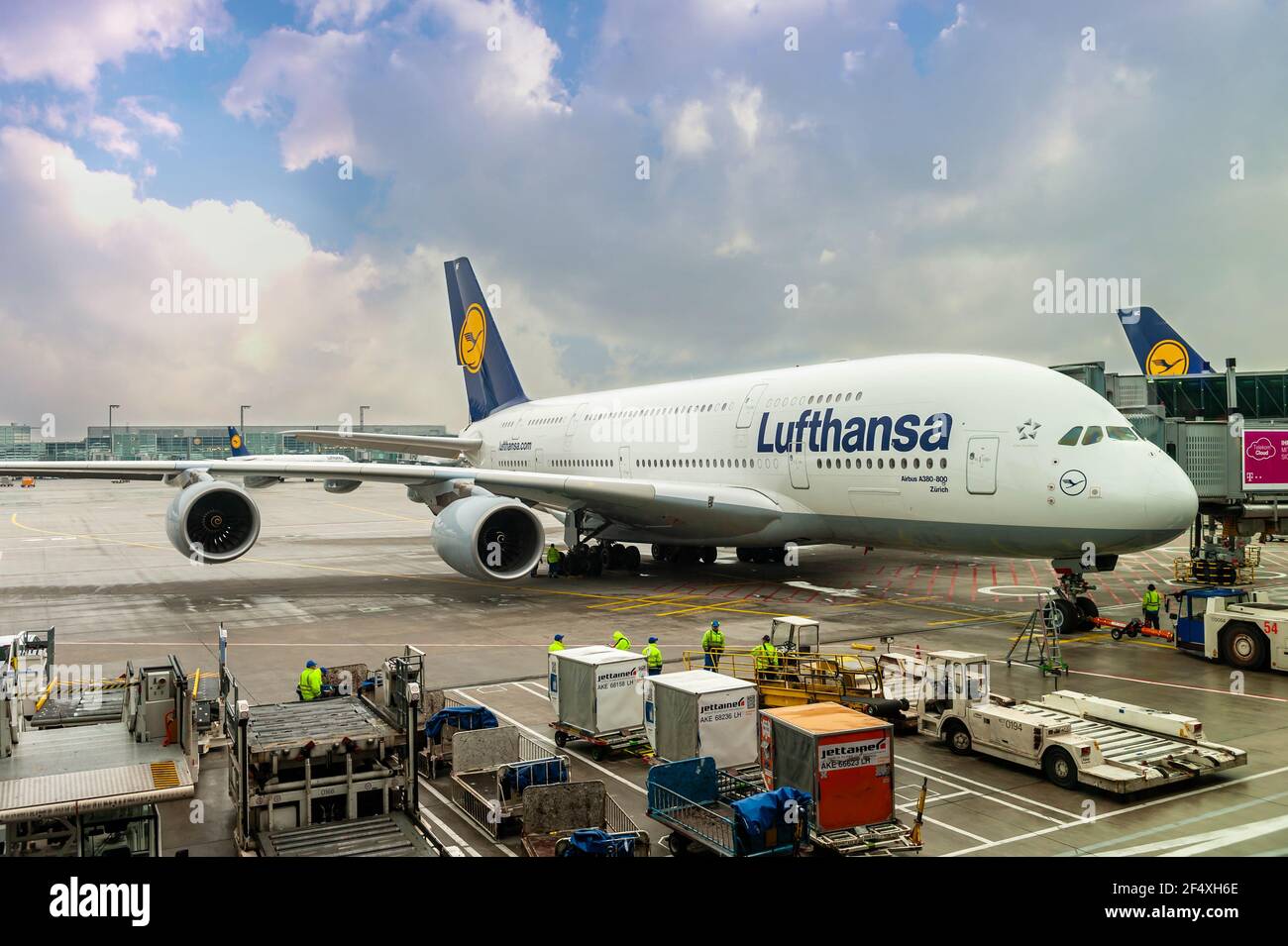 An A380 waiting to go on the runway at Frankfurt Airport on the main ...