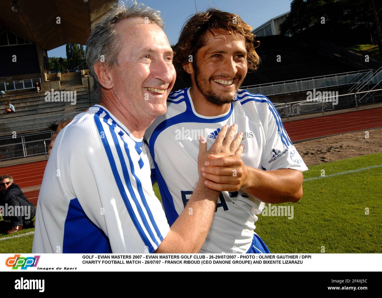 GOLF - EVIAN MASTERS 2007 - EVIAN MASTERS GOLF CLUB - 26-29/07/2007 - PHOTO : OLIVIER GAUTHIER / DPPI CHARITY FOOTBALL MATCH - 26/07/07 - FRANCK RIBOUD (CEO DANONE GROUPE) AND BIXENTE LIZARAZU Stock Photo
