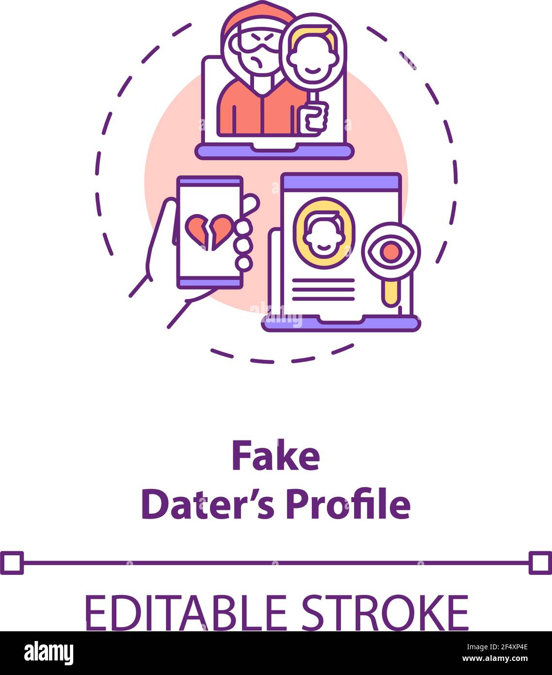 Fake dater profile on dating website concept icon. Stock Vector