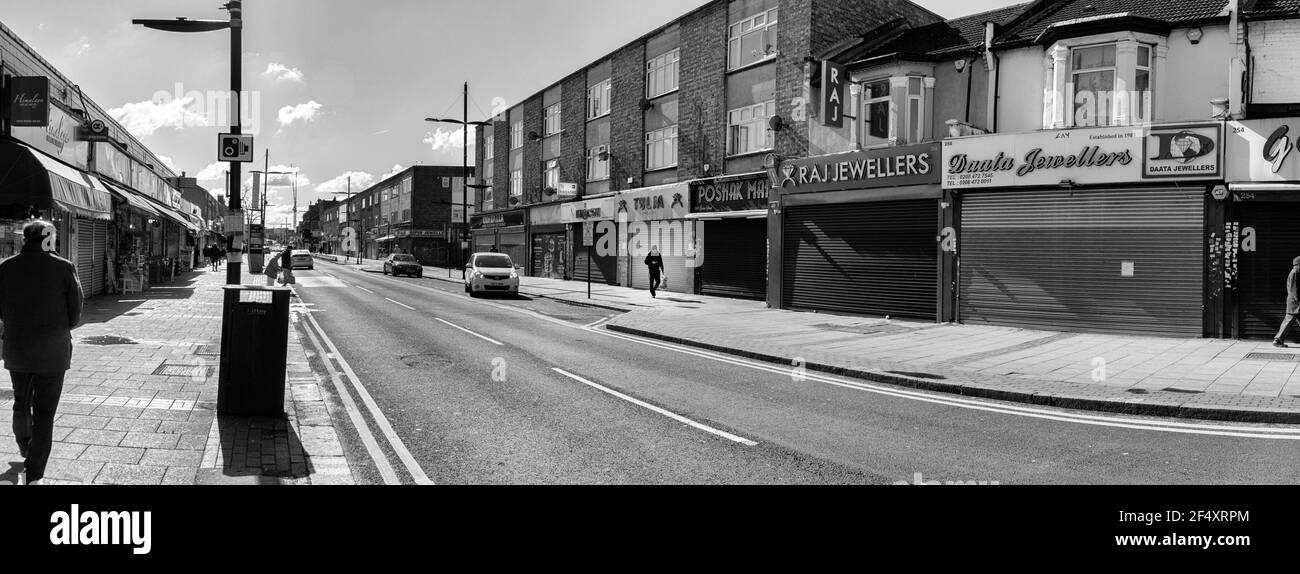 High Street several shops permanently close permanently following the Coronavirus lockdown, Green Street, monochrome, Panoramic Stock Photo