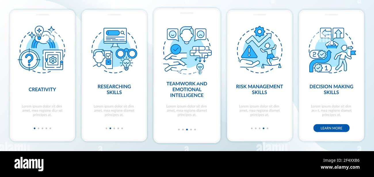 Problem-solving skills blue onboarding mobile app page screen with concepts Stock Vector