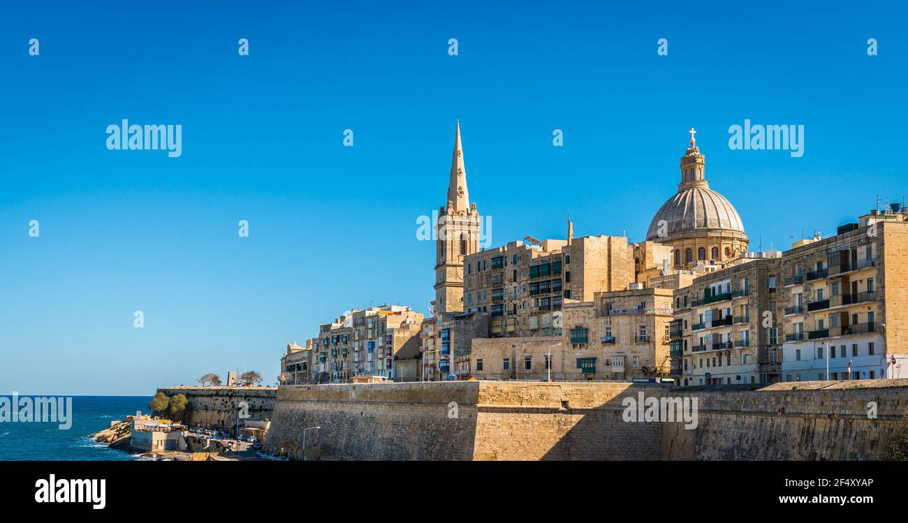 View of Valletta and the churches of Saint Paul's and Basilica of Our Lady of Mount Carmel, Malta Stock Photo