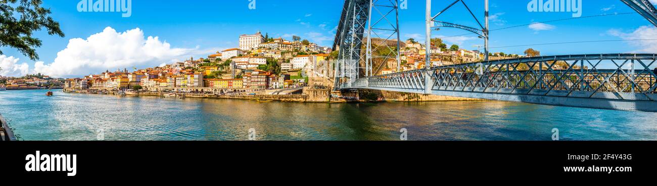 Panorama of the city of Porto and Dom Luis bridge, on the Douro River in Portugal Stock Photo