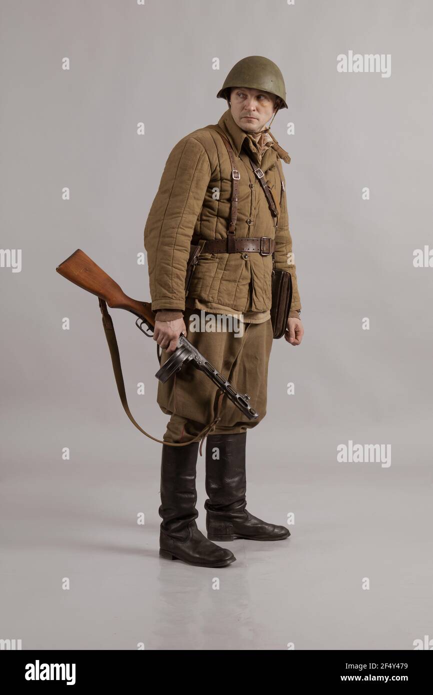 male actor in the military uniform of an officer of the Soviet Army period World War II Stock Photo