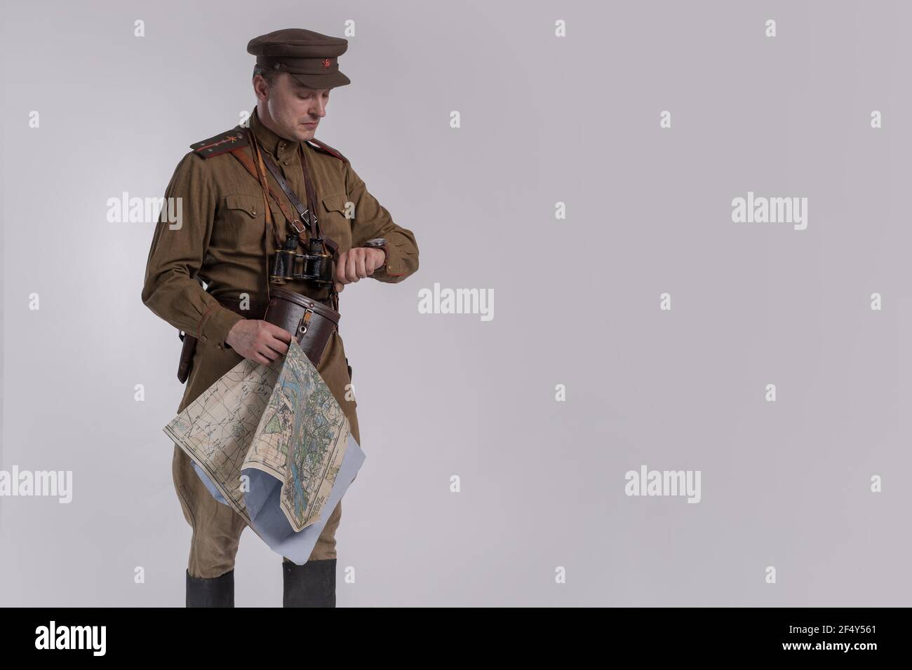 Male actor in the uniform of a Soviet Army officer during World War II ...
