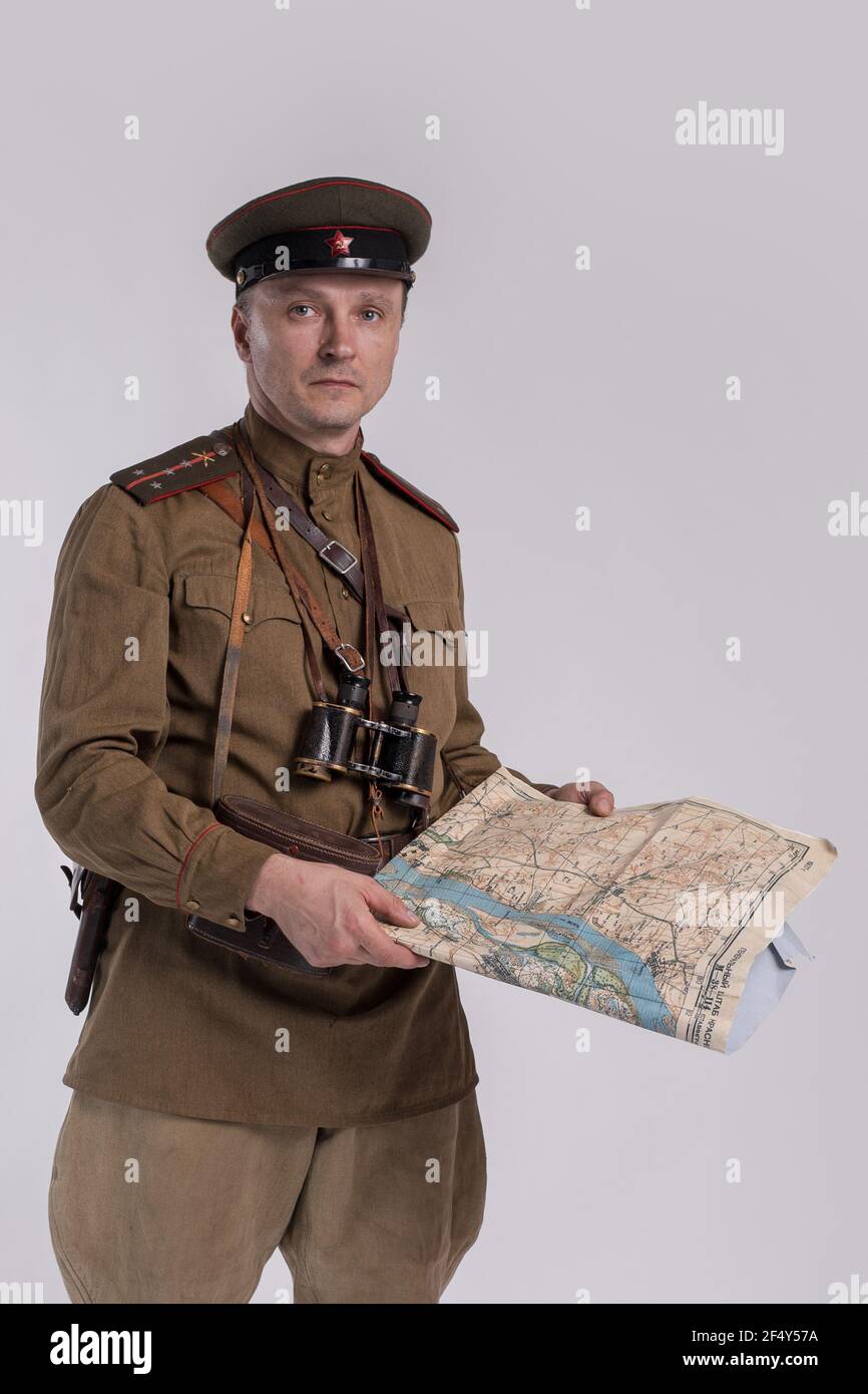 Male actor in the uniform of a Soviet Army officer during World War II ...
