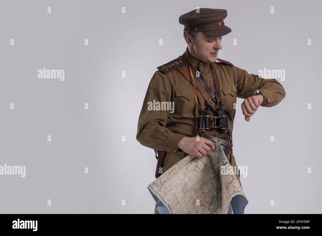 Male actor in the uniform of a Soviet Army officer during World War II ...