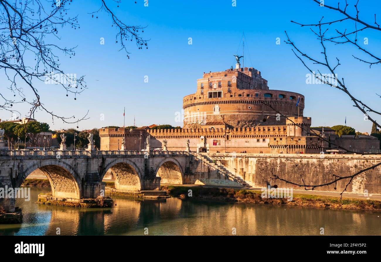Saint Angel Bridge and Castle over the Tiber in Rome in Lazio, Italy Stock Photo