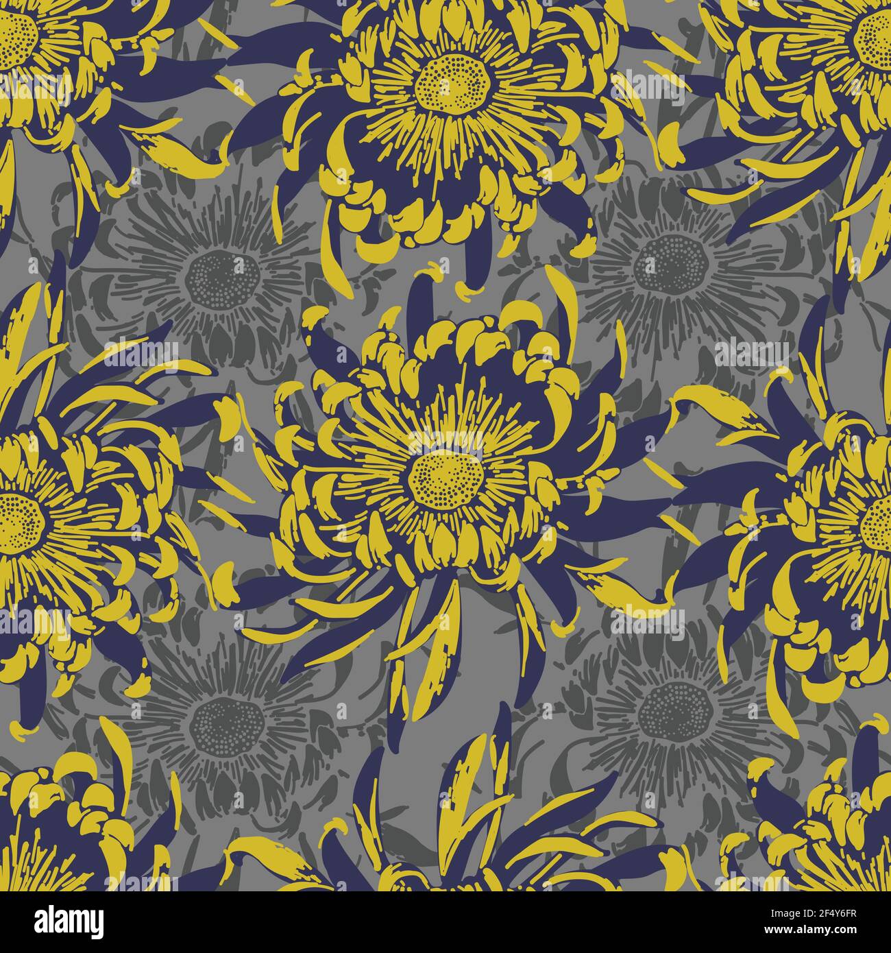 Yellow Chrysanthemum flower Bloom Seamless pattern. Grey, blue, yellow. City flower of Beijing Stock Vector