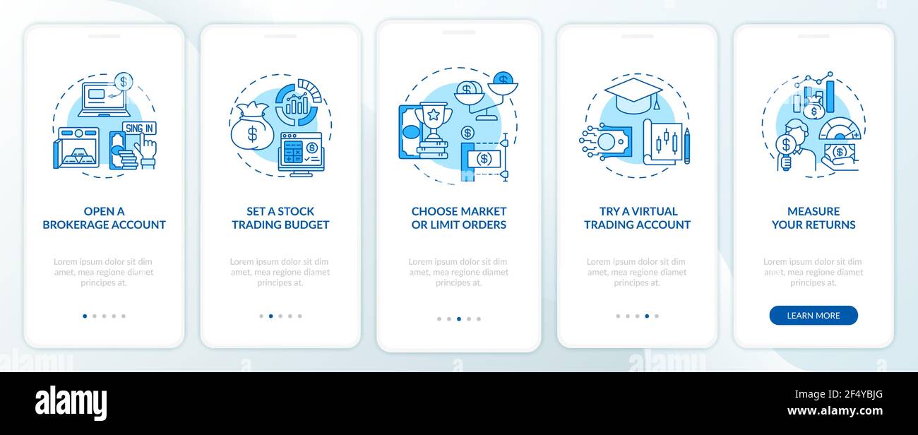 Stock trading path onboarding mobile app page screen with concepts ...