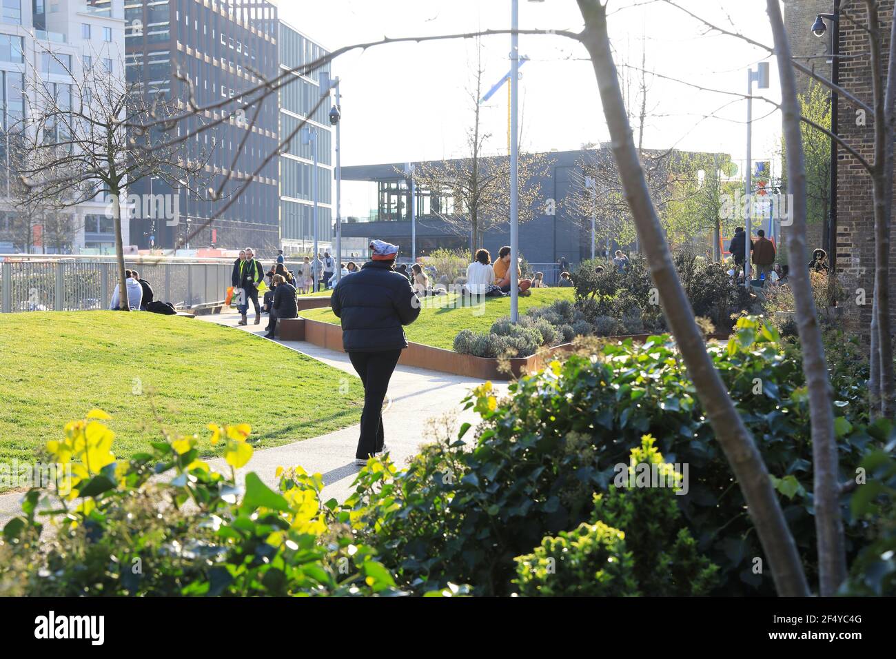 Wharf Road Gardens in early spring sunshine by Granary Square, at Kings