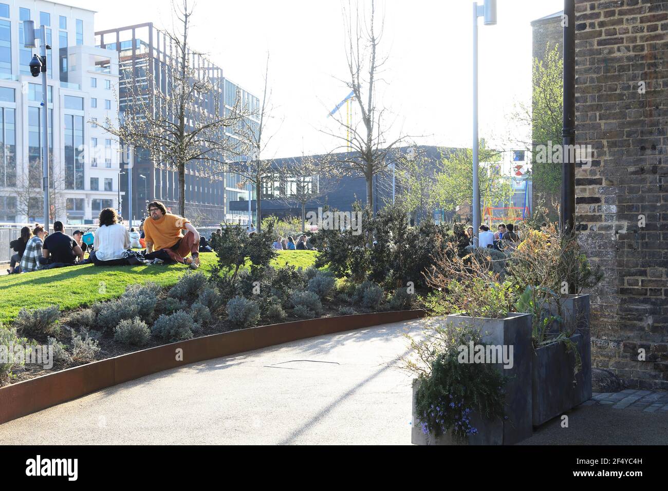 Wharf Road Gardens in early spring sunshine by Granary Square, at Kings