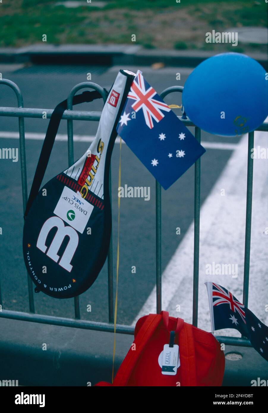 Tennis racket and Australian flag at the Davis Cup, Kooyong Tennis Club, Australia 2001 Stock Photo