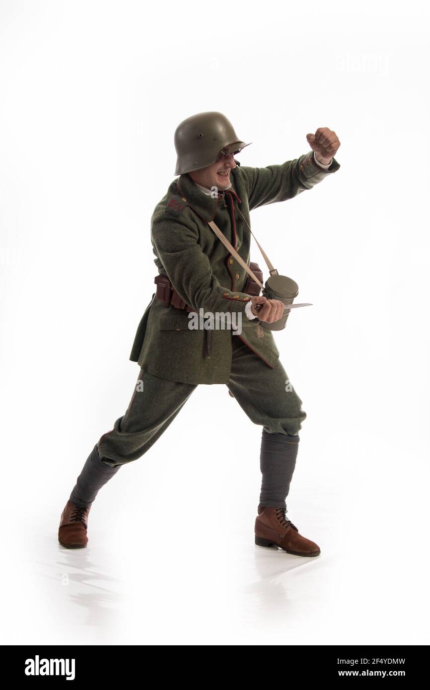 Actor in the form of a German infantryman from the times of the First World  War. Posing on white background Stock Photo - Alamy