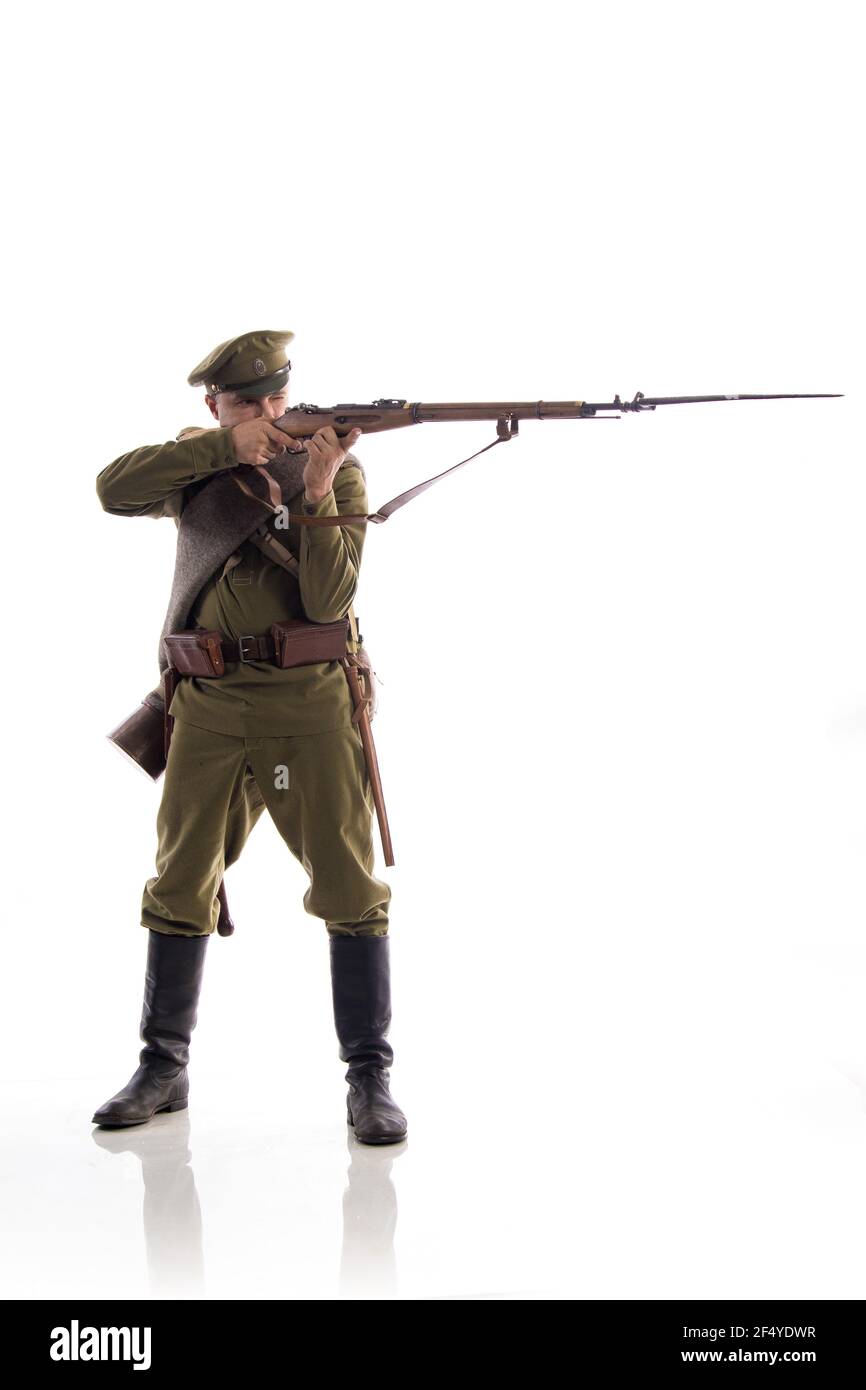 Male actor in the form of an ordinary soldier of the Russian army during  the First World War posing against a white background in the studio Stock  Photo - Alamy