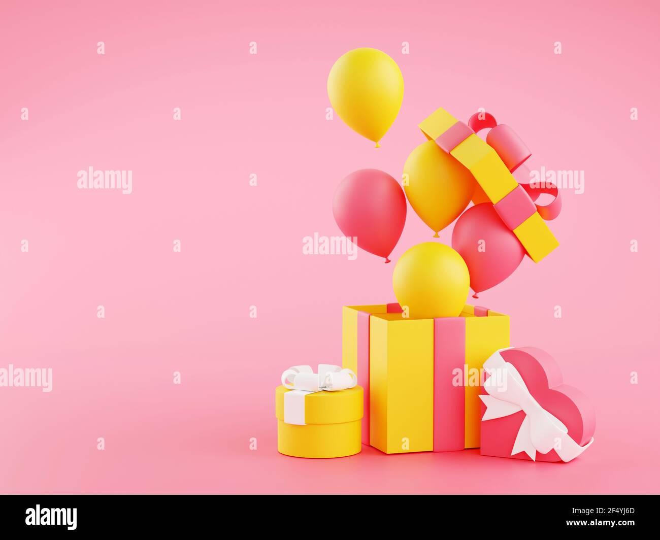 Gift boxes and balloons - 3d illustration of open birthday present packages with ribbons and flying balloons. Stock Photo