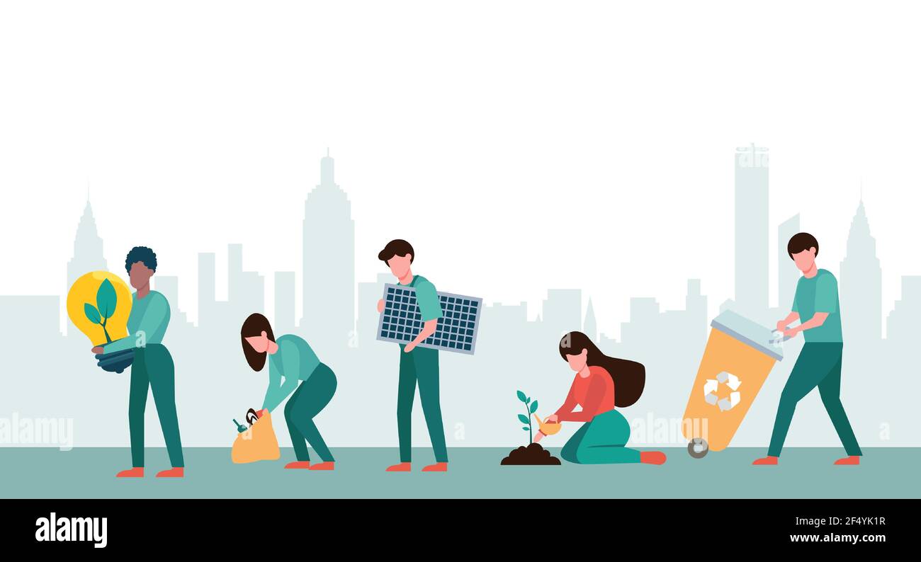 Vector of a group of young people planting trees, collecting and recycling waste, using renewable energy sources Stock Vector