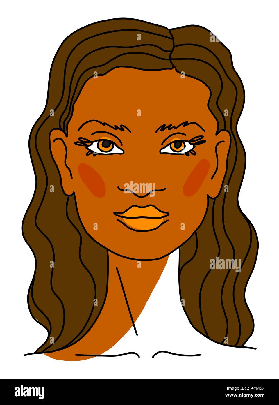 Beautiful Lovely feminine face Portrait Brunette woman with long brown Curly Hair. Line drawing. Sketch Vector illustration Stock Vector