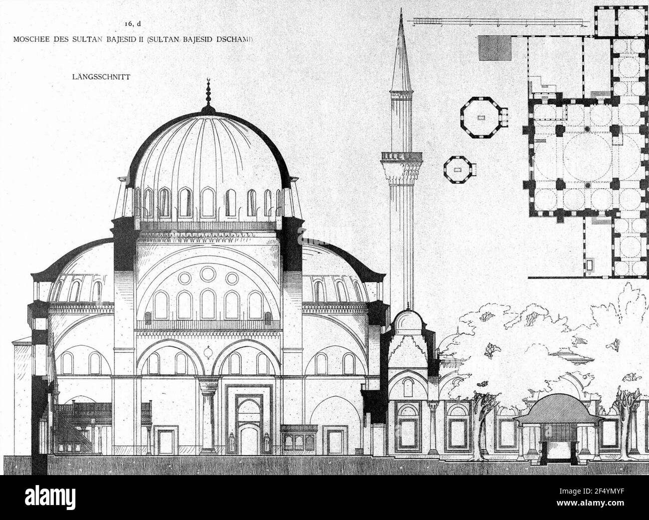 Elevation and plan of the Bayezid II Mosque in Istanbul, 1912 Stock Photo
