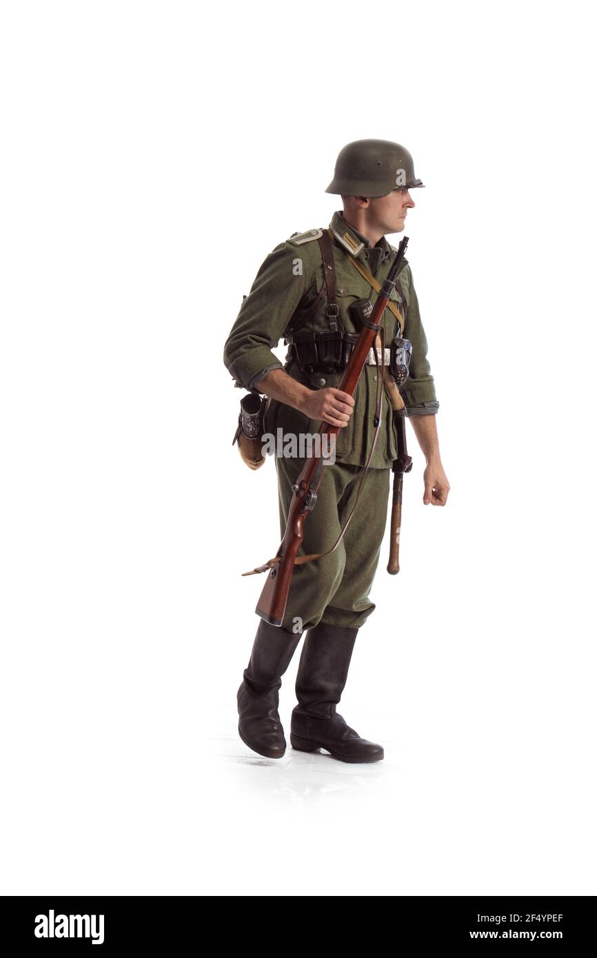 German Rifleman Man actor in historical military uniform as an soldier of the German ...