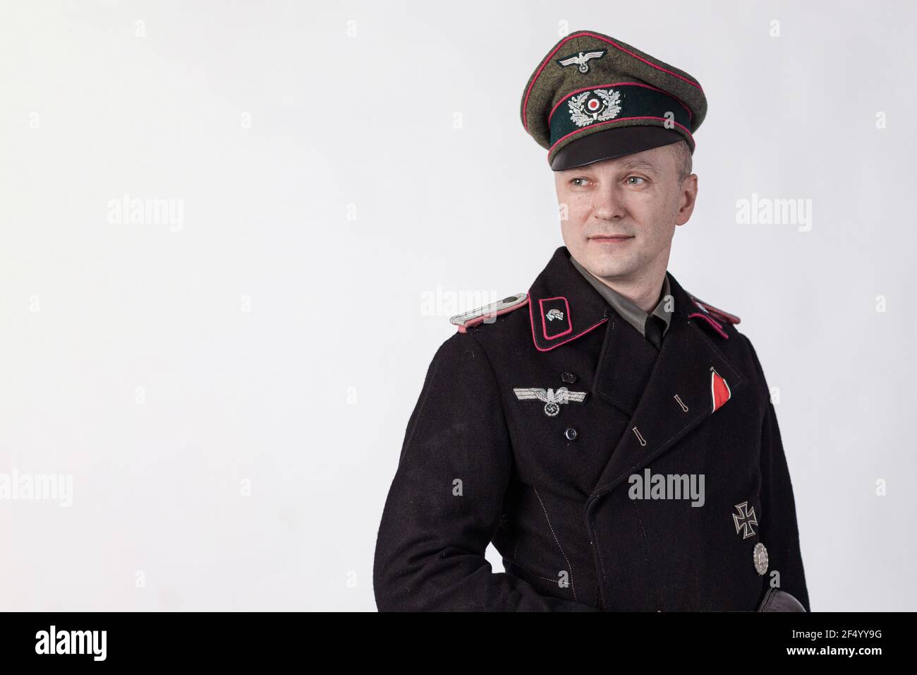 Male Actor Reenactor In Historical Military Uniform As An Officer Of 