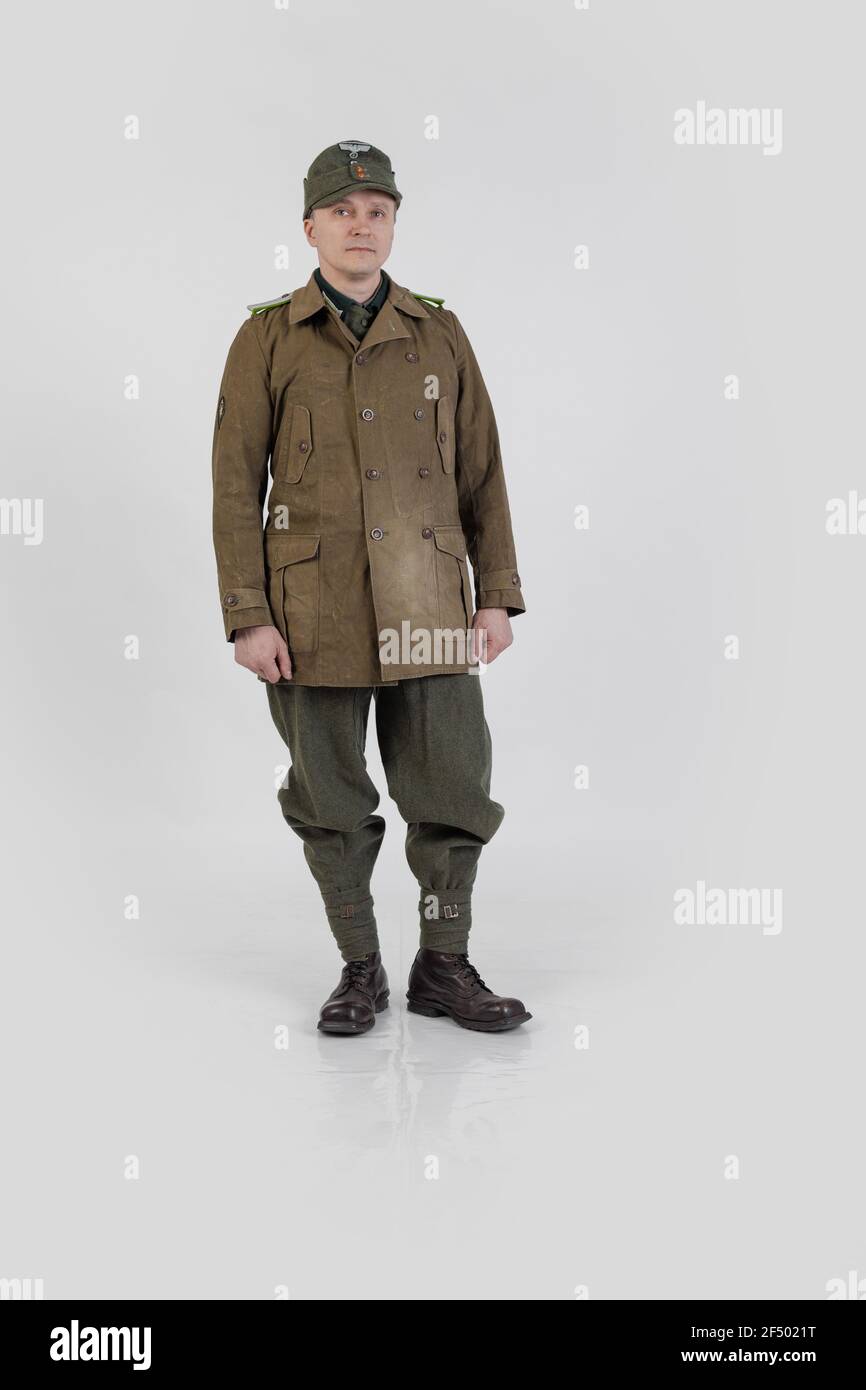 male actor in the winter military uniform of an German soldier, the period 1941-1945, the World War II Stock Photo