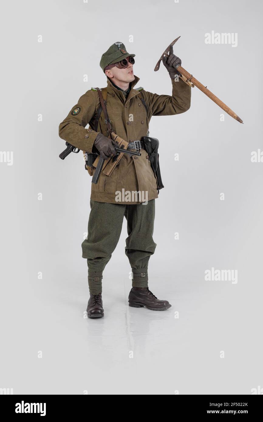 male actor in the winter military uniform of an German soldier, the period 1941-1945, the World War II Stock Photo