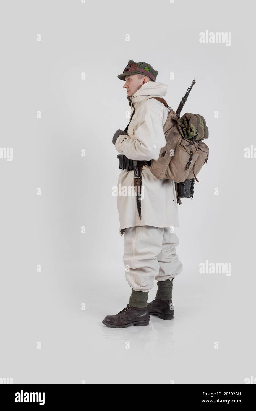 male actor in the winter military uniform of an German soldier, the period 1941-1945, the World War II Stock Photo