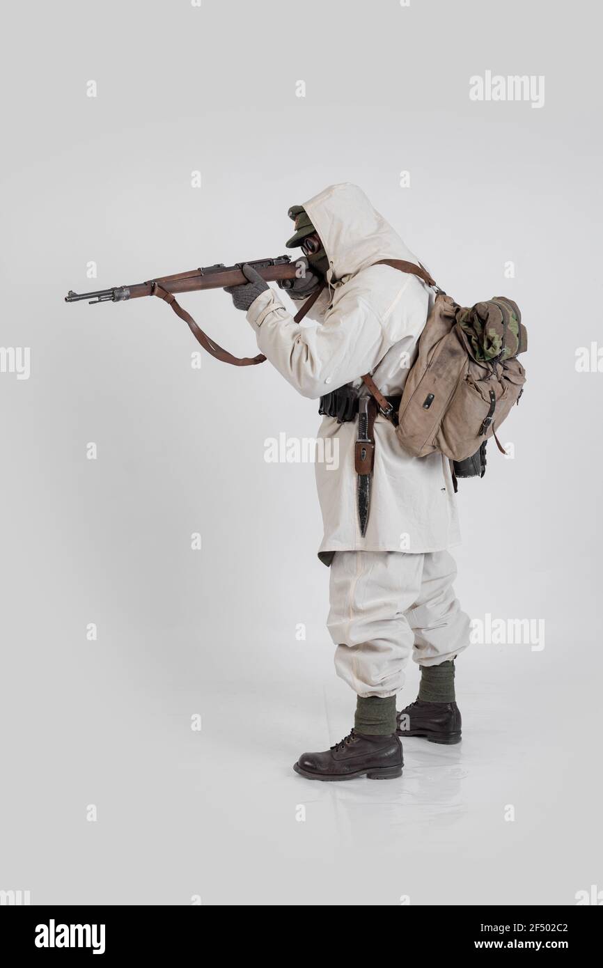 male actor in the winter military uniform of an German soldier, the period 1941-1945, the World War II Stock Photo