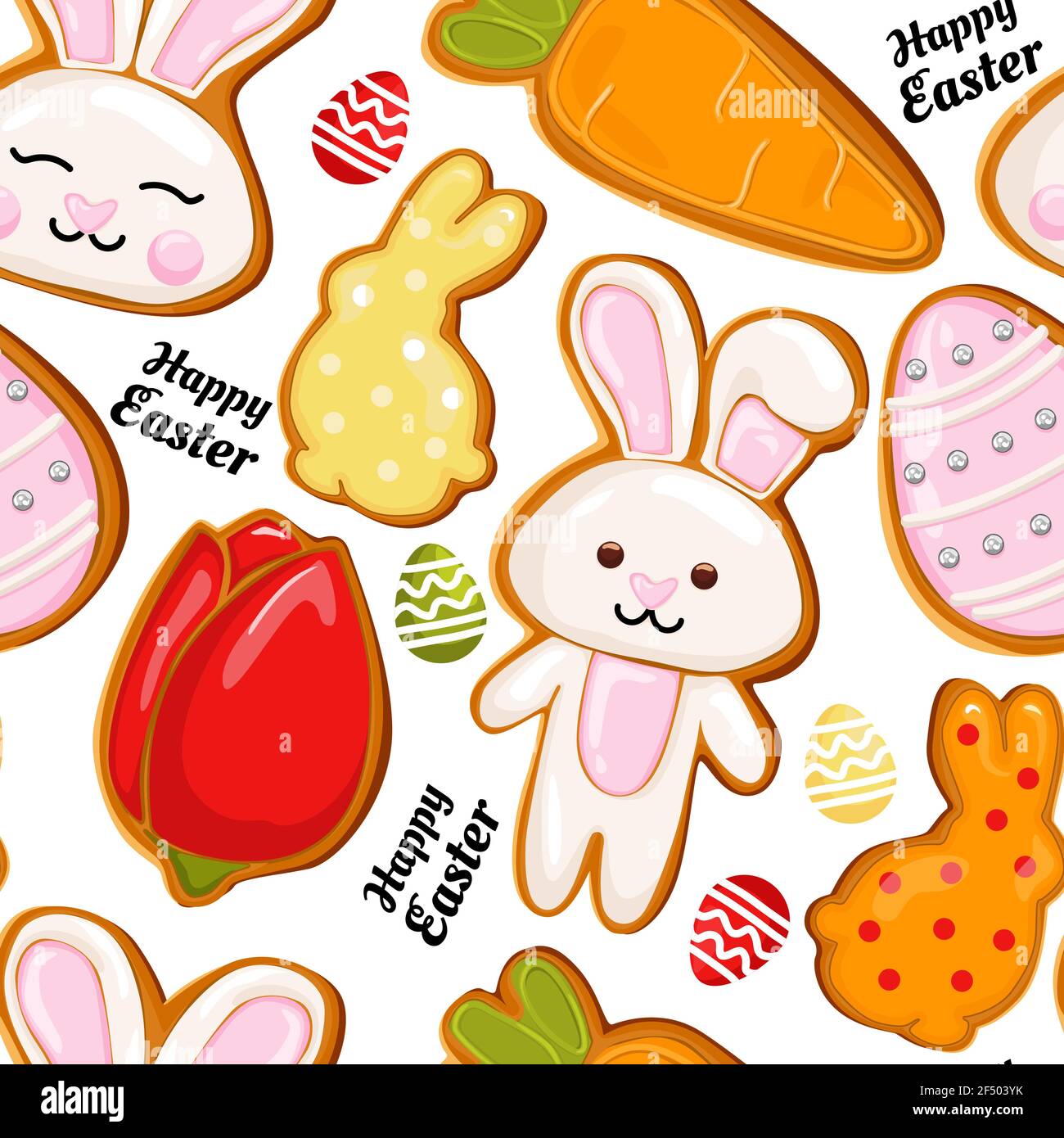 Gingerbread icon pattern, Easter holiday, colored eggs, carrots and bunny. Vector easter Stock Vector