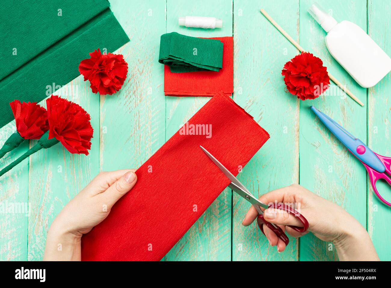 How to make a carnation flower at home. Hands make a red carnation