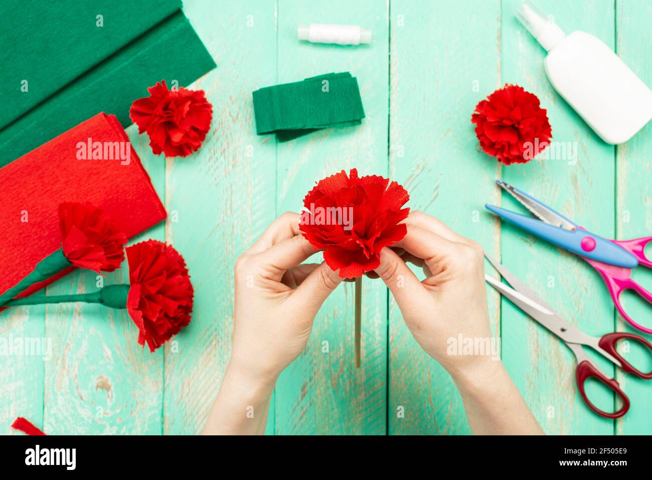 How to make a carnation flower at home. Hands make a red carnation