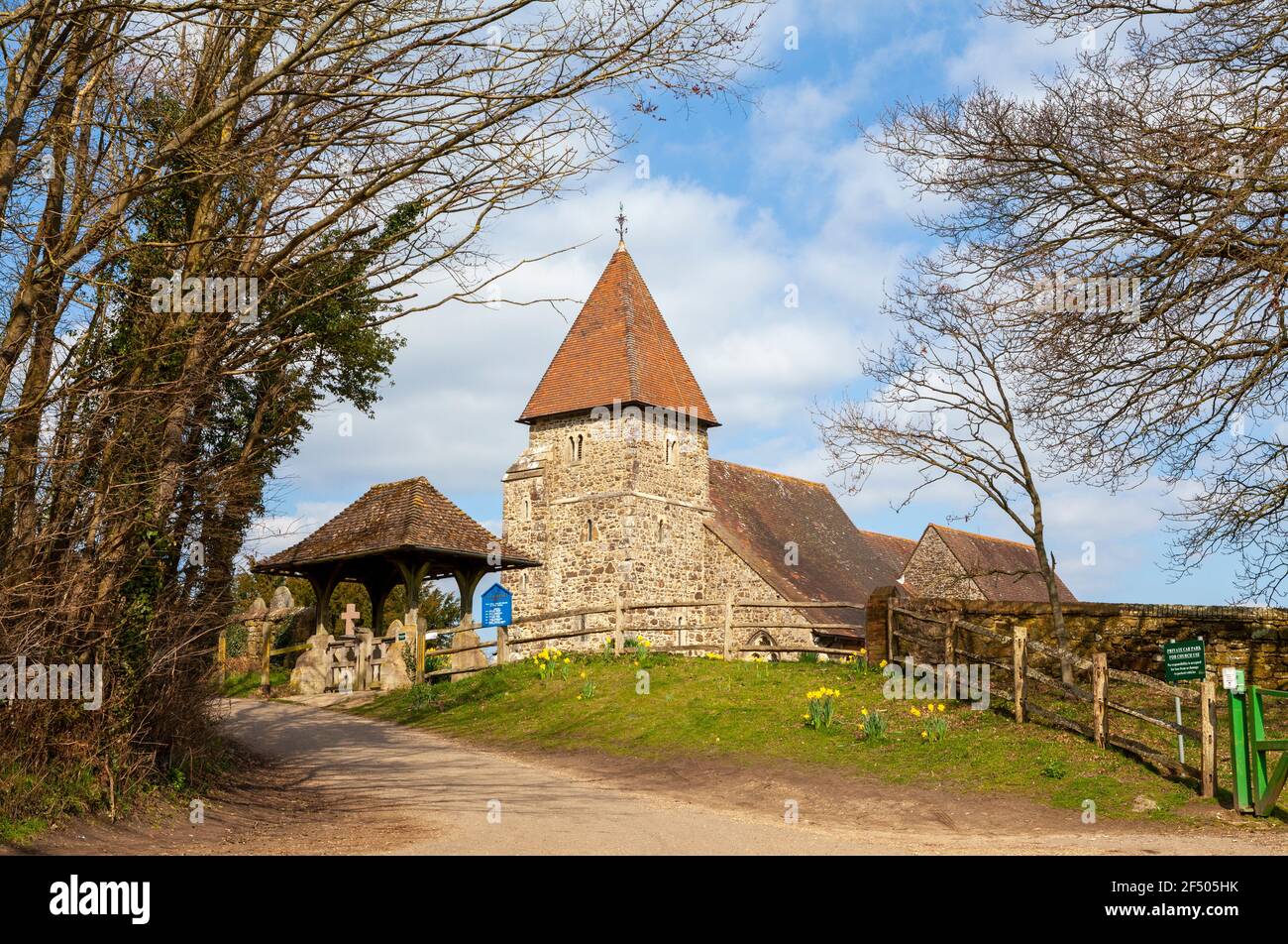 The lychgate and Guestling Church, in spring, East Sussex, UK. Norman church. Stock Photo