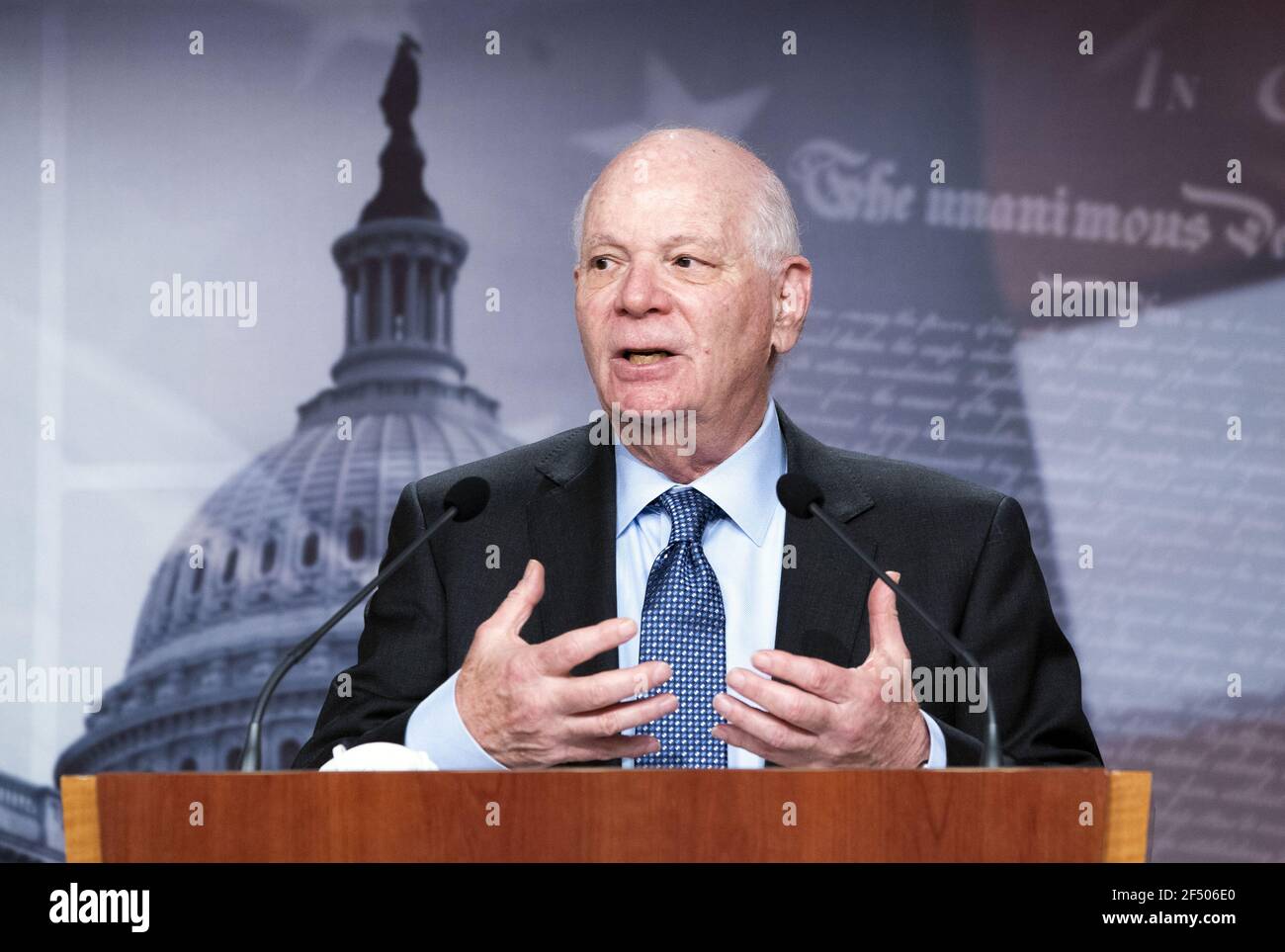 Washington, United States. 23rd Mar, 2021. Sen. Ben Cardin, D-MD, speaks during a press conference on Capitol Hill in Washington, DC on Tuesday, March 23, 2021. Cardin spoke on the need for extended COIVD-19 financial relief for small businesses. Photo by Kevin Dietsch/UPI Credit: UPI/Alamy Live News Stock Photo