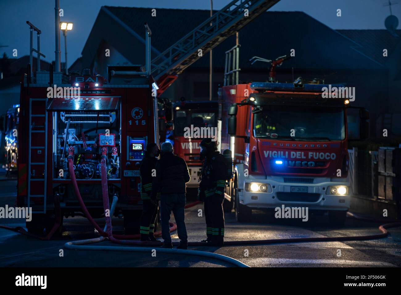 VILLANOVA DEL GHEBBO, ITALY 23 MARCH 2021: Night city emergency firefighters Stock Photo