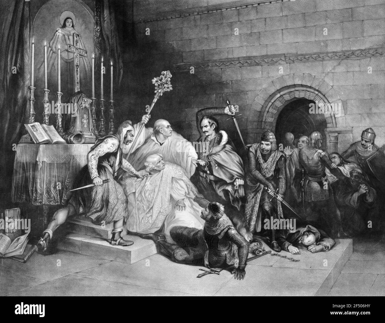 Thomas Becket.  An 1865 illustration by Georg Zobel, after an original work by Charles Harvey Weigall, showing the murder of Thomas a Becket. Saint Thomas Becket  (1119/1120-1170) was Archbishop  of Canterbury when killed by followers of King Henry II of England in 1170 Stock Photo