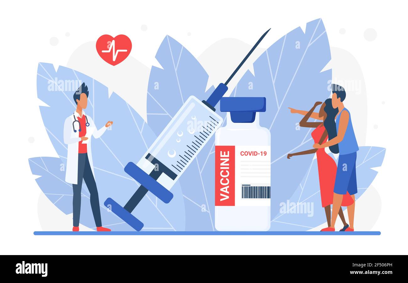 Time to vaccinate concept, doctor character advising young couple people in hospital Stock Vector