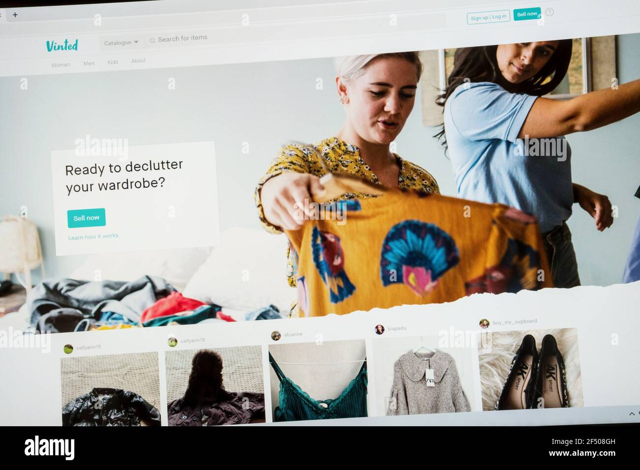 Homepage of the Vinted website, a Lithuanian based online marketplace for swapping, buying and selling secondhand clothing. Stock Photo