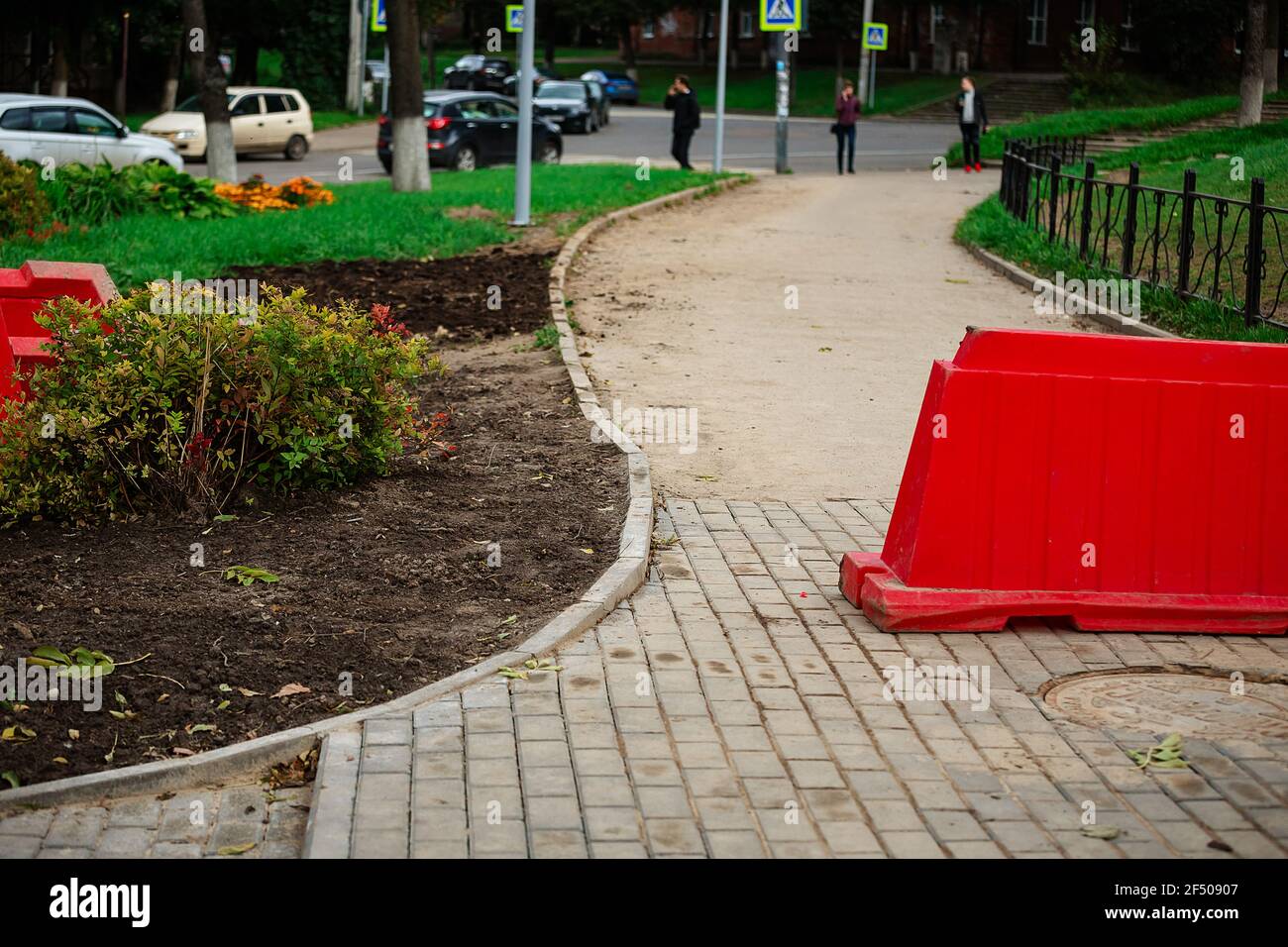 sagging paving stones. uneven pavement in the city square. sinking pavement of a pedestrian