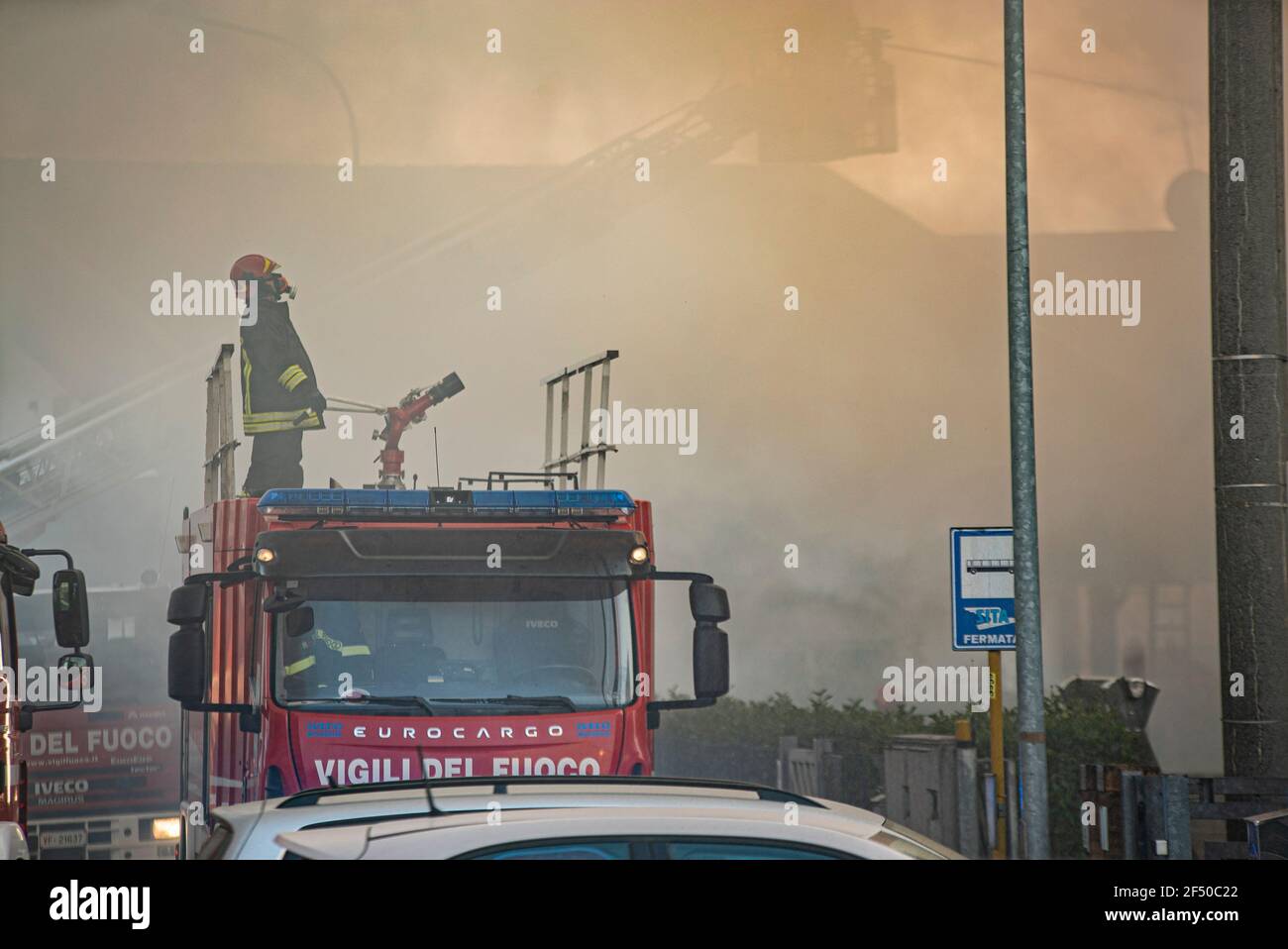 Villanova Del Ghebbo, Italy 23 March 2021: Firefighter With Fire 