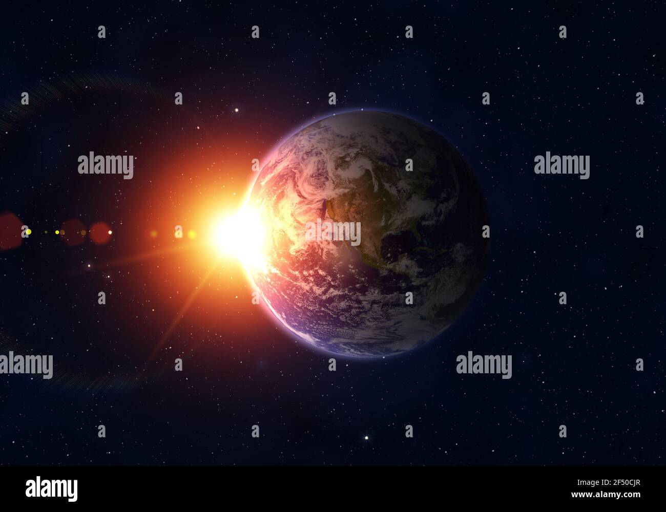 Earth and bright sun. View of the planet Earth from space.  Elements of this image furnished by NASA. Stock Photo