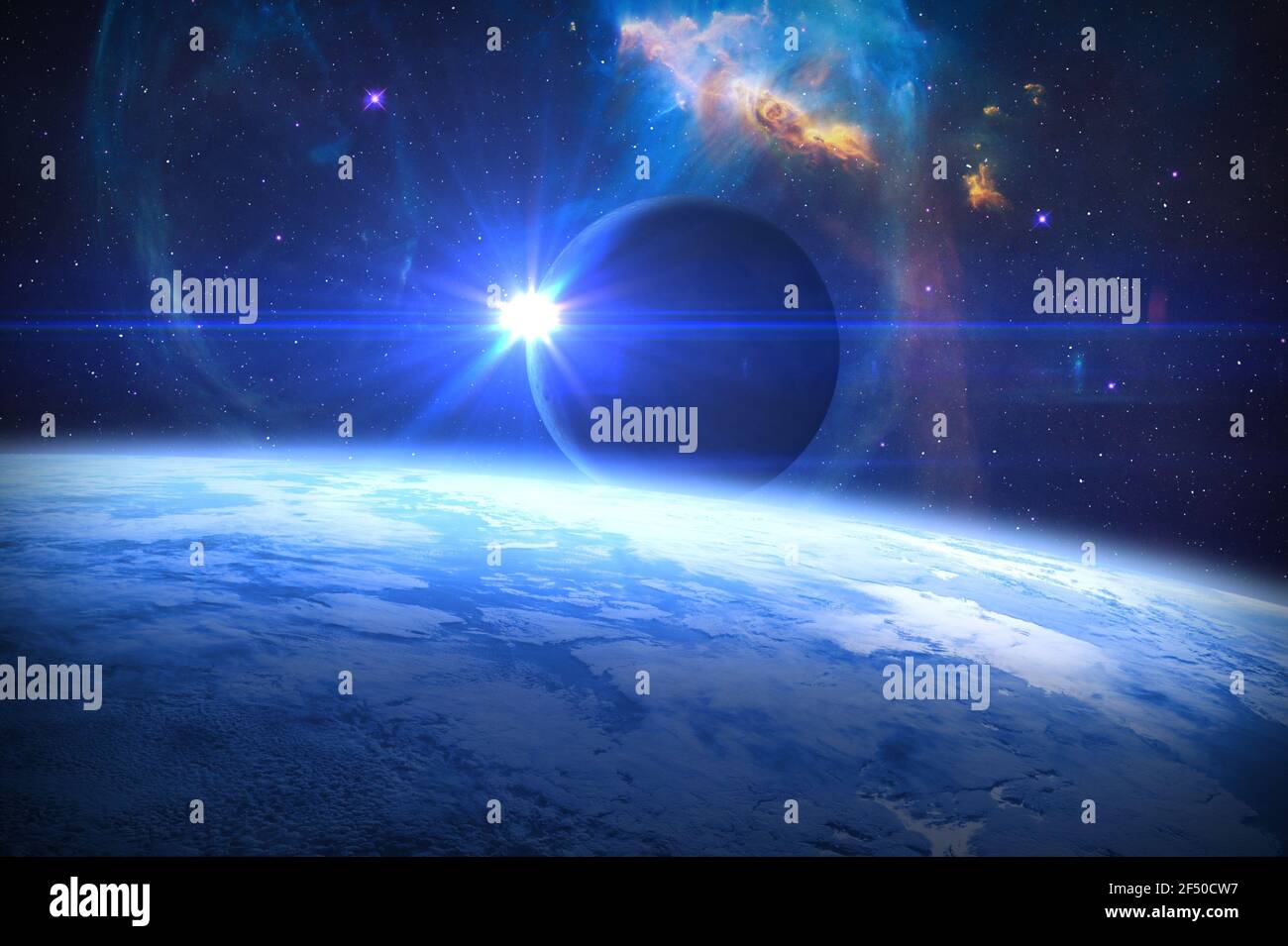 Planet Earth, Solar Eclipse and Bubble Nebula. Moon passes between planet  Earth and Sun. Elements of this image furnished by NASA Stock Photo - Alamy