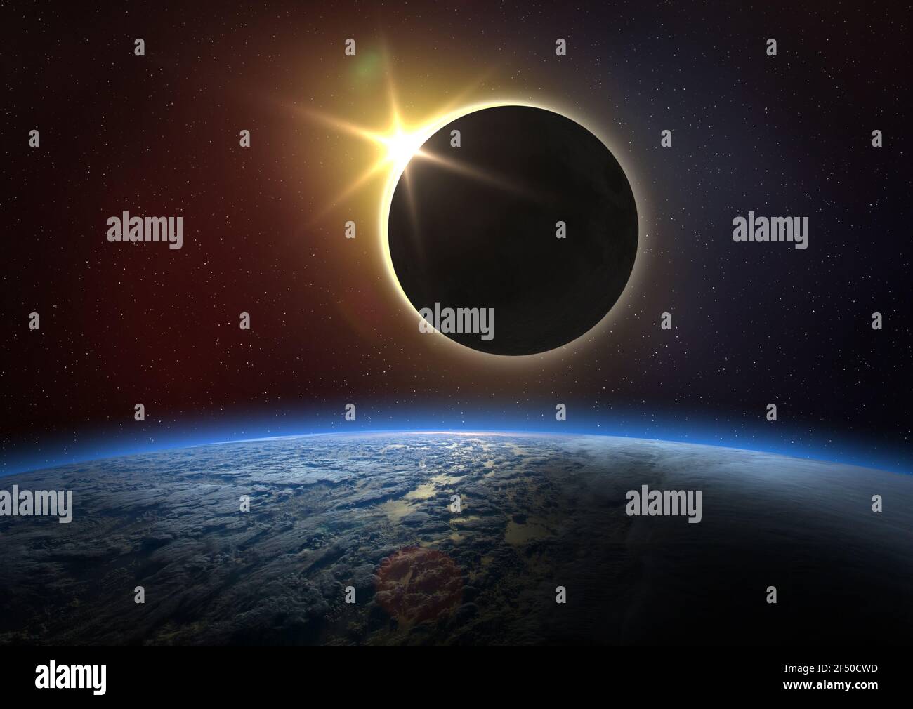 Planet Earth, Moon and Solar Eclipse. Solar eclipse, mysterious natural phenomenon when Moon passes between planet Earth and Sun. Elements of this ima Stock Photo