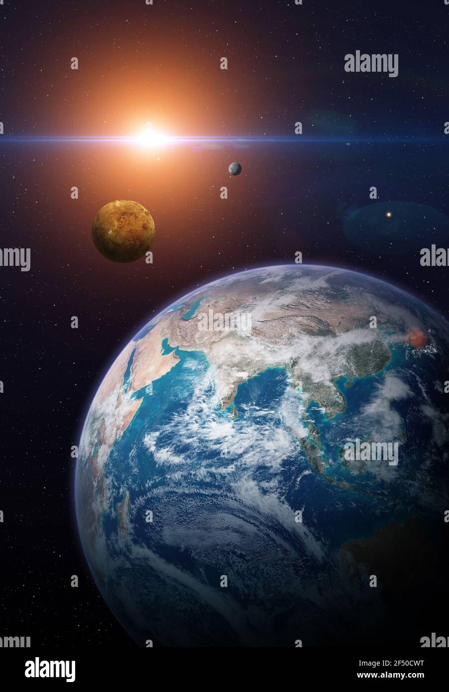 View of the planet Earth from space. Solar system planets: Earth, Venus, Mercury. Terrestrial planets.Elements of this image are furnished by NASA. Stock Photo