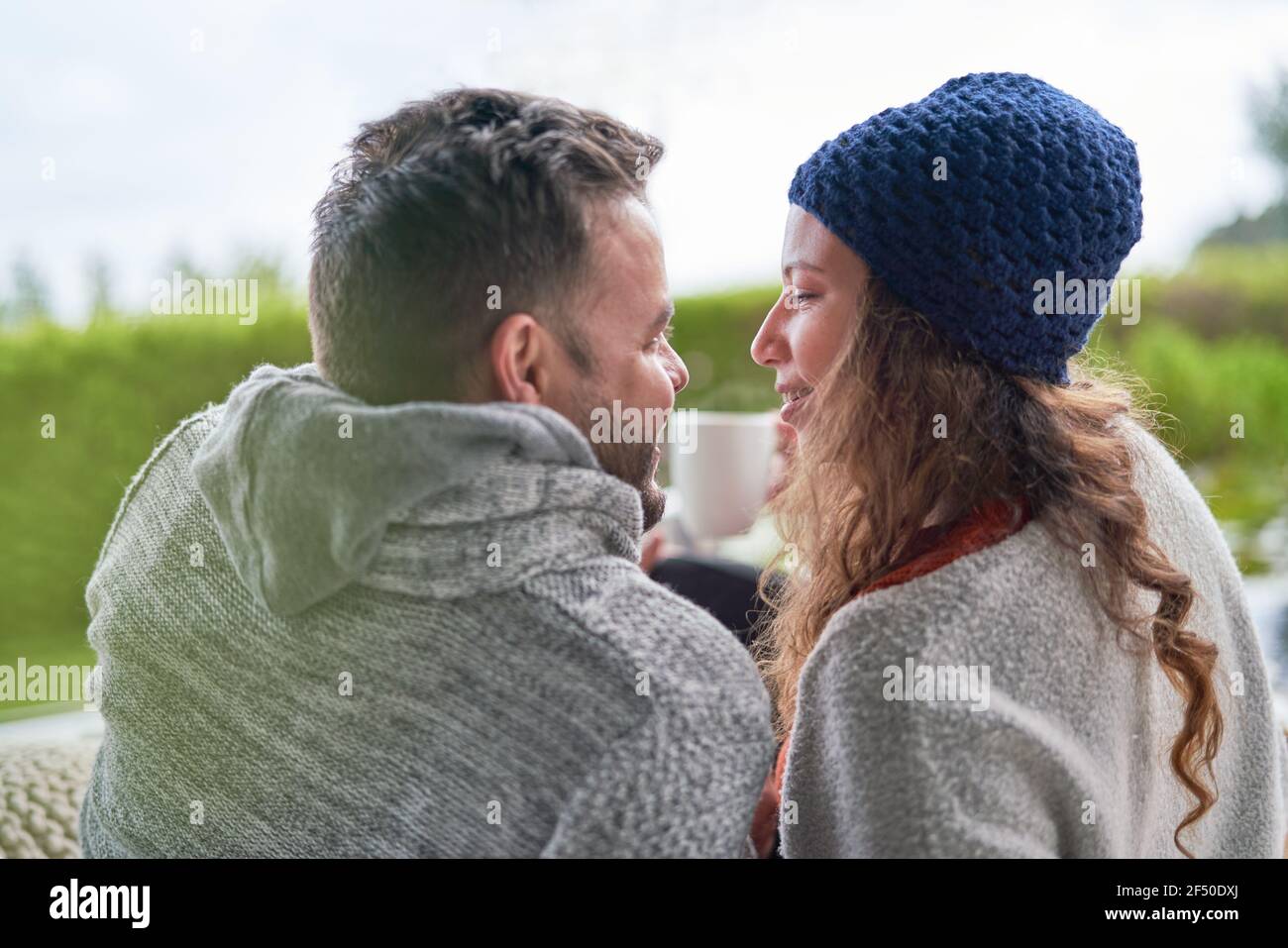 Affectionate romantic couple face to face Stock Photo