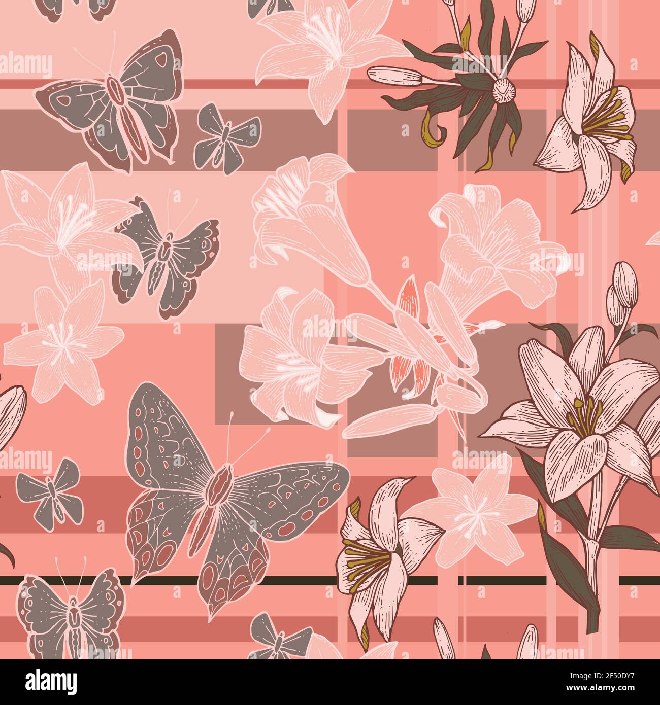 Lily flowers. Seamless pattern for wallpaper and fabric. Background illustration. Hand drawing outline. Flowering of garden plants. Abstract floral Stock Vector