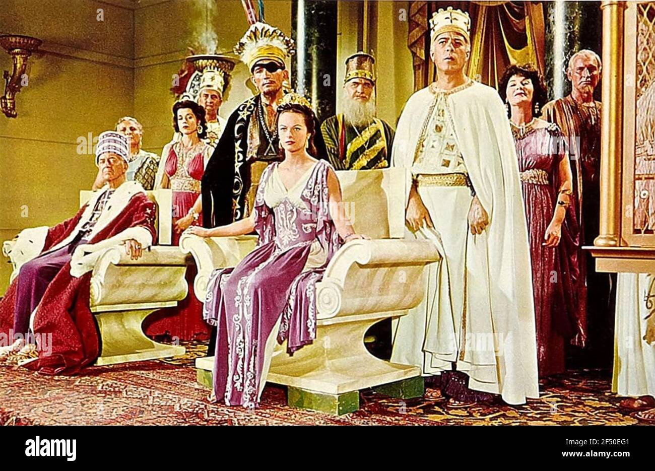 ATLANTIS THE LOST CONTINENT 1961 MGM film with Joyce Taylor as Princess Antillia and Edward Platt as the High Priest both seated Stock Photo