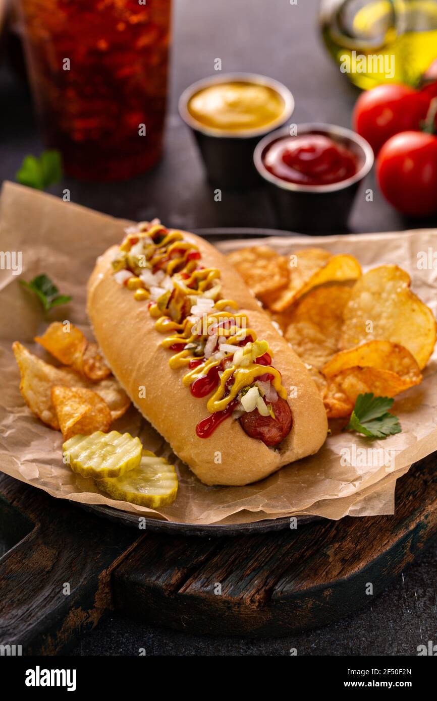 Traditional american hot dog with mustard and ketchup Stock Photo Alamy