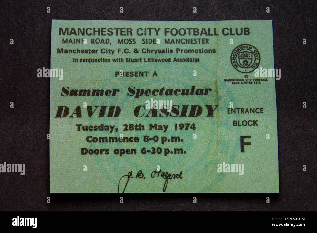 A replica concert ticket to David Cassidy at the Manchester City football ground, 28th May 1974, part of a school 1970s Childhood memorabilia pack. Stock Photo